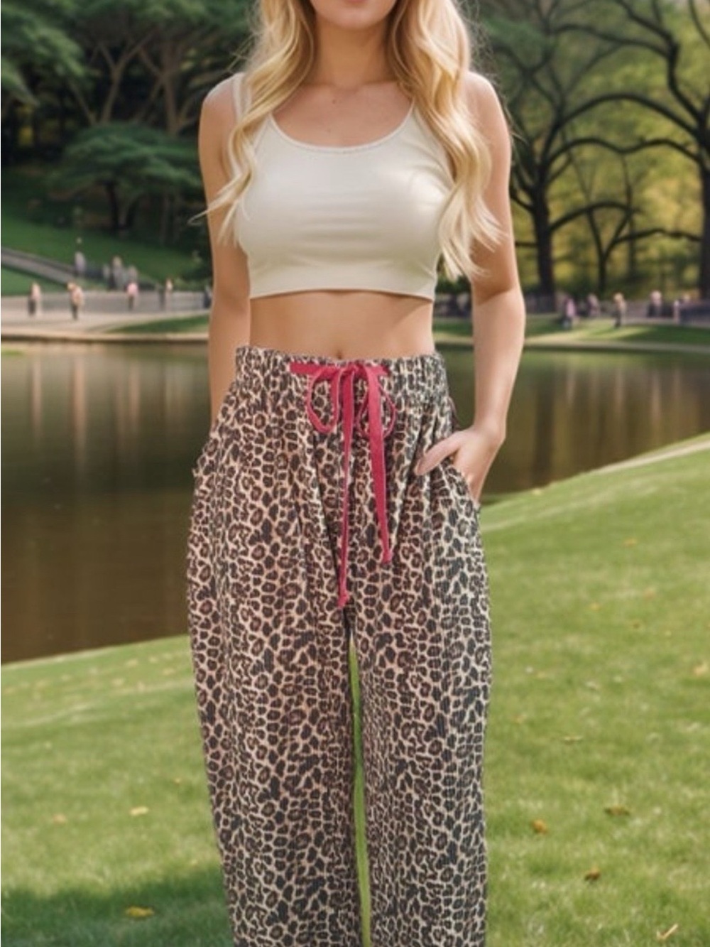 Leopard Print Ankle Pants with Red Tie - Picture 2 of 5